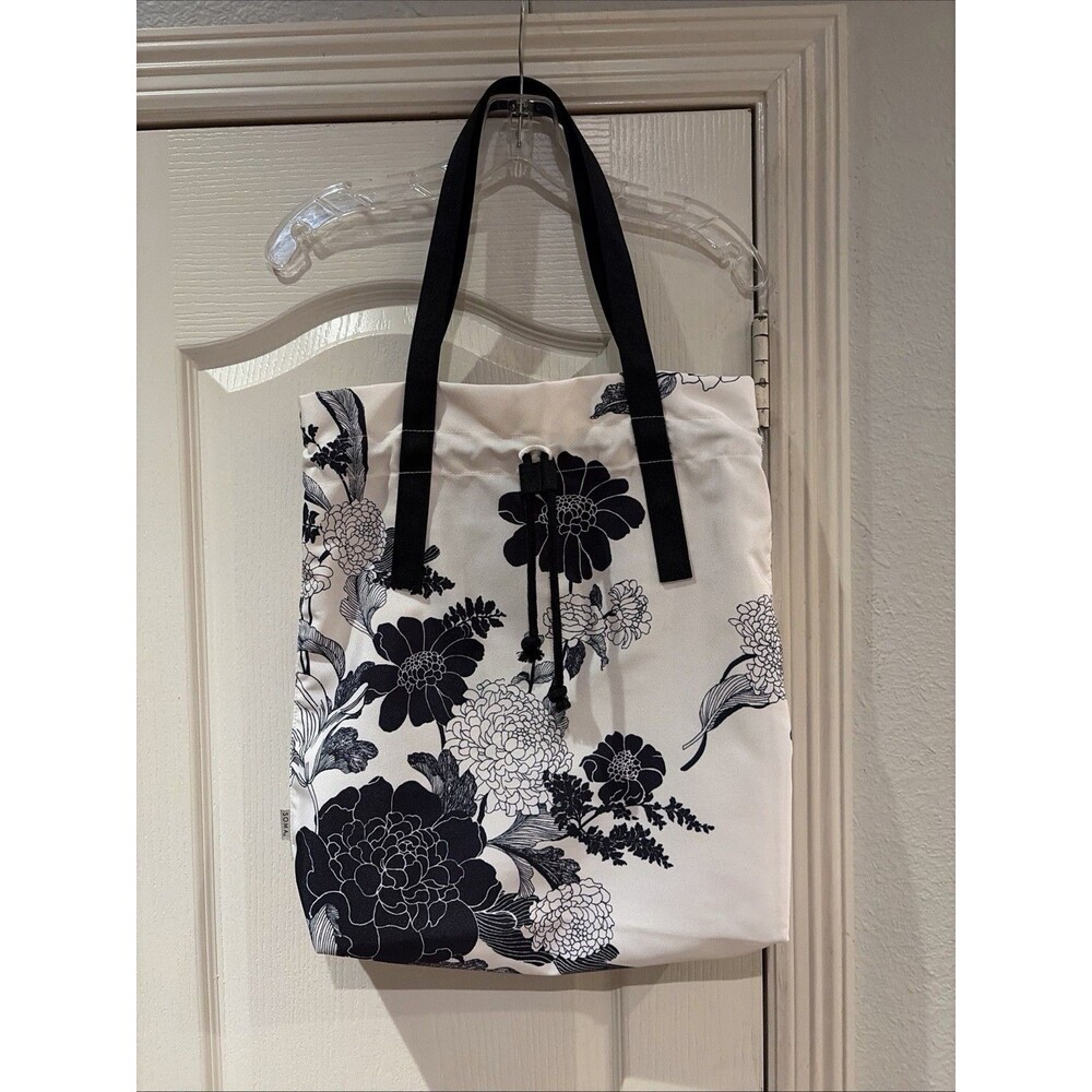 Soma Black and White Floral Drawstring Tote Beach/Pool Bag